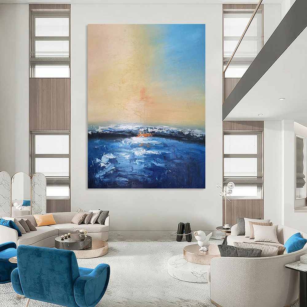 Living Handmade Original Blue Office Coastal Canvas Wall Art 7FI98